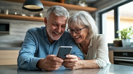 Happy senior couple looking at a smartphone, lying on a kitchen counter and smiling while watching a video or reading a message from family online in a modern home interior. The old man with grey hair