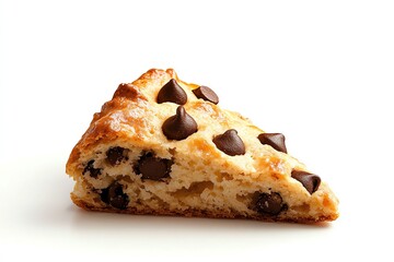 Chocolate chip scone, rustic bakery style with crumbly texture, isolated on white background