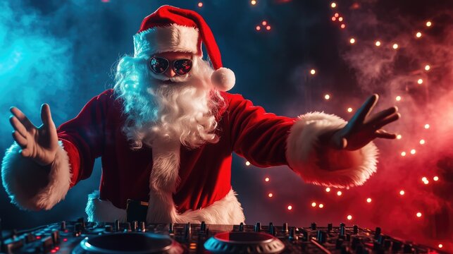 DJ santa dancing on dark festive disco dance floor background with no people celebrating winter holidays