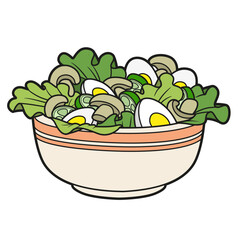 Large ceramic bowl full of fresh salad with boiled eggs, cucumbers, lettuce and champignon mushrooms