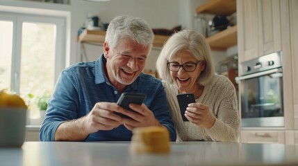 Happy senior couple looking at a smartphone, lying on a kitchen counter and smiling while watching a video or reading a message from family online in a modern home interior. The old man with grey hair