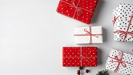 Fototapeta premium Polka dot gift boxes with ribbons on white background, festive holiday banner or greeting card