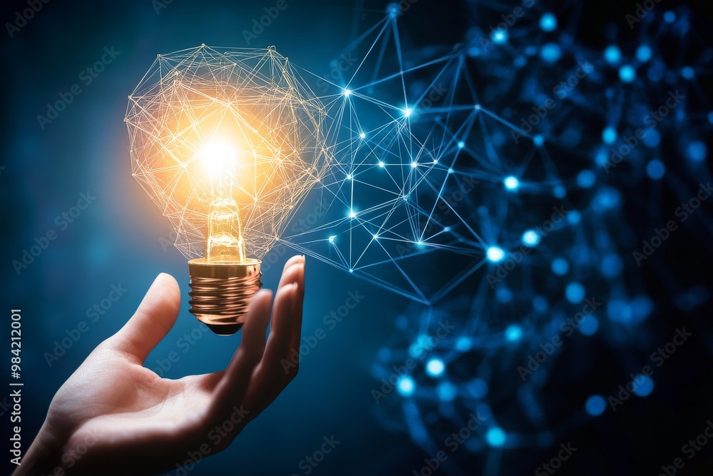 Poster hand holding glowing lightbulb with network pattern