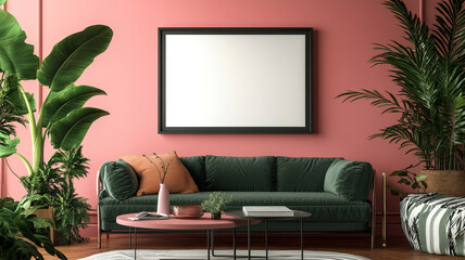 Dark furniture and pink wall with blank frame to add your personal art, furniture mock-up
