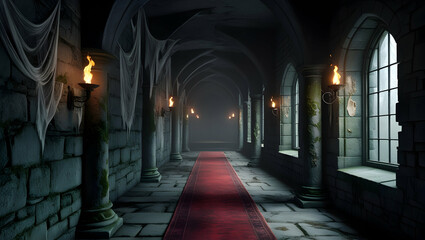 Obraz premium temple corridor with red carpet and windows