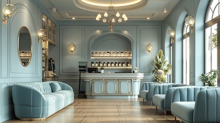 A beauty saloon with upholstery light pastel blue, wood floor, white ceiling, warm lighting, black chandeliers, a few plants. Generative AI.