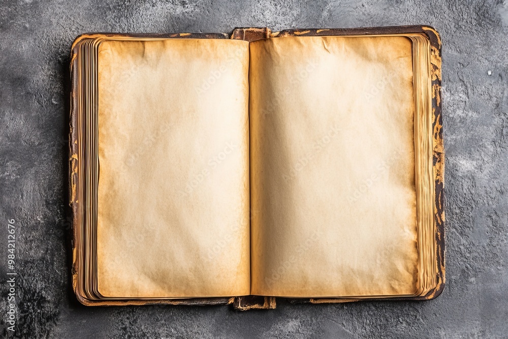 Poster old open book with yellowed pages on a gray background