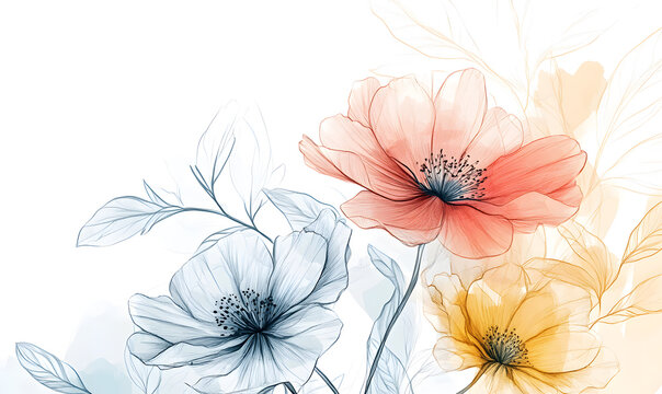 2D illustrator doodle-style floral and leaf graphics on a white background or wallpaper