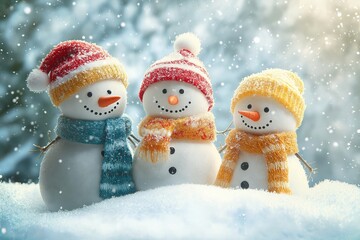 Three snowmen with hats and scarves are standing in the snow. They are smiling and seem to be enjoying the winter weather