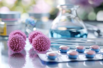 Cancer cells macro shot healthcare and innovative futuristic WHO drugs illness treatment concept