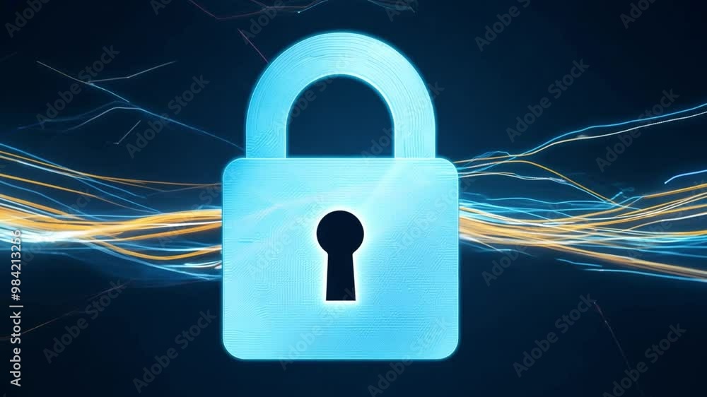Poster The digital lock symbol highlights the importance of cybersecurity. Its design emphasizes data protection and encryption, reflecting modern technology trends.