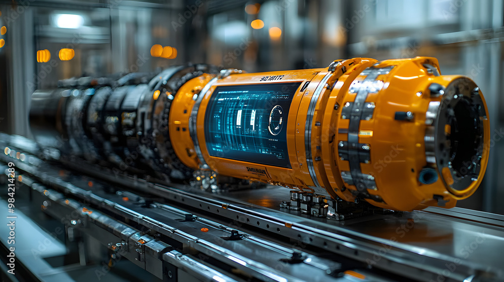 Poster a close-up view of an advanced robotic machine part displaying intricate design and technology in a 