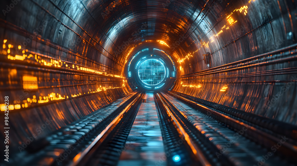 Poster a futuristic tunnel with glowing lights and a vibrant atmosphere, creating a sense of speed and moti