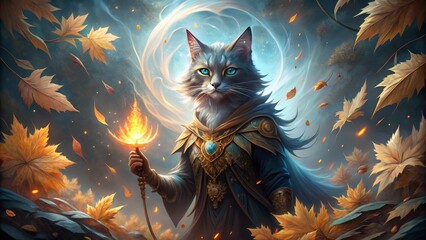 Ethereal feline mage commands attention, its eyes radiant with mystic power as it holds aloft a shimmering crystal, fur aflame with magical energy, poised at the edge of a swirling vortex 