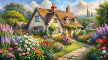 Charming cottage with vibrant flowers and a picturesque garden in a sunny countryside setting
