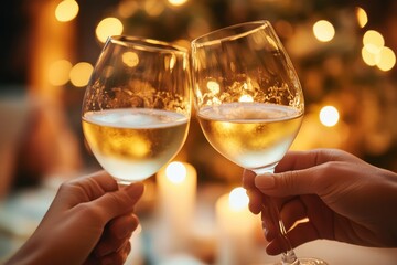 Obraz premium A close-up of hands toasting with glasses of white wine in a cozy indoor setting
