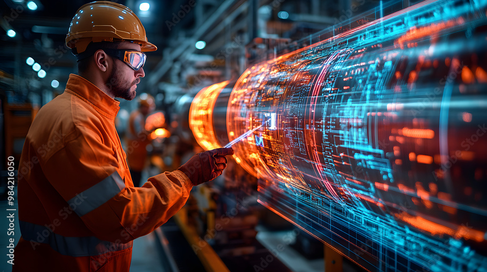 Aufkleber a technician works on high-tech machinery, examining a glowing data display in an advanced industria