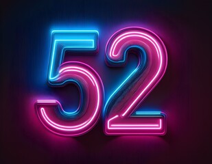 3d neon light number 52 glowing in the dark, pink blue neon light	