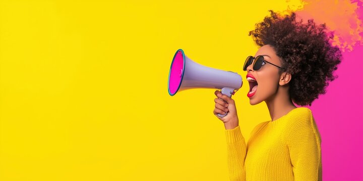 Afro American young woman in bright stylish outfit shouting into megaphone on yellow background with copy space. Black and white image. Symbolizes enthusiasm and communication, breaking news