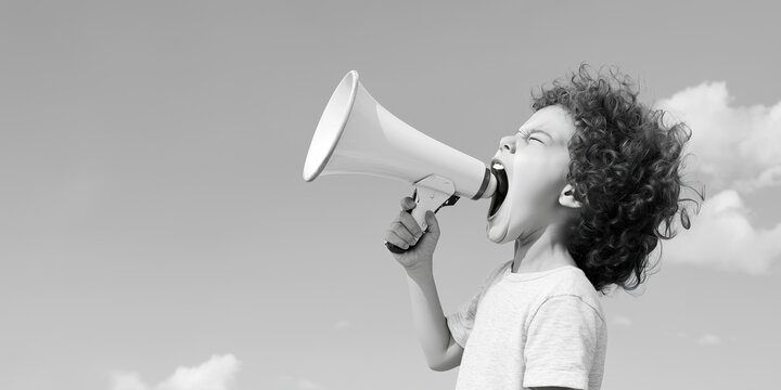Curly-haired boy shouting into a megaphone against a copyable sky background. Black and white image. Symbolizes enthusiasm and communication, breaking news, hot discount offers.