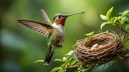 Fototapeta premium Golden brown hummingbird with yellow-green feathers & orange dots flits around her nest, where a few eggs rest. Surrounded by lush green plants, she creates a vibrant scene against a blur background.