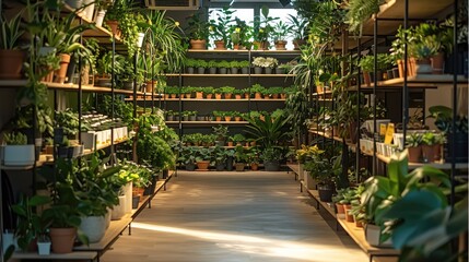 Fototapeta premium A plant store with planter pots on shelf. Generative AI.