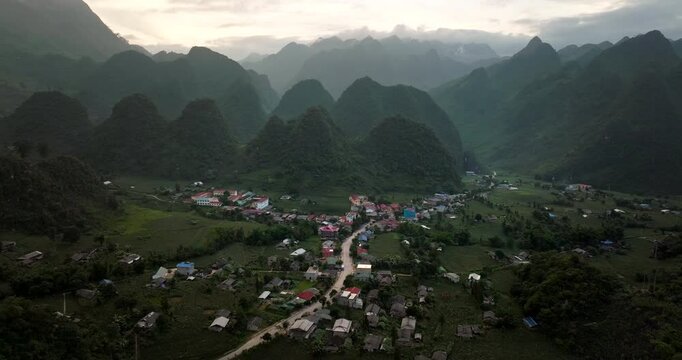 Picturesque Village In Mountain Landscape Of Lung Ho, Ha Giang Province, Vietnam. aerial shot