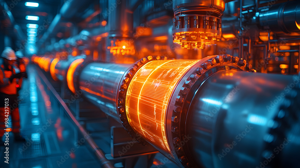 Poster close-up of industrial pipe with glowing elements in a modern factory. focus on technology and engin