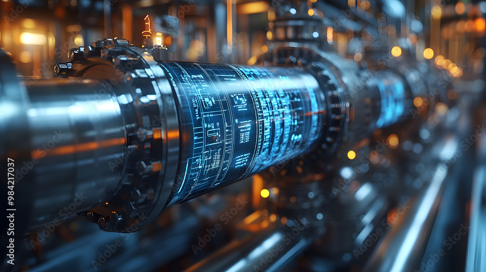 Poster close-up view of a futuristic pipeline with digital displays, showcasing advanced technology in indu