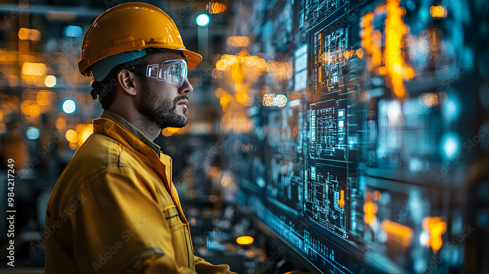 Aufkleber focused engineer in hard hat viewing digital interface, showcasing advanced technology in a modern f