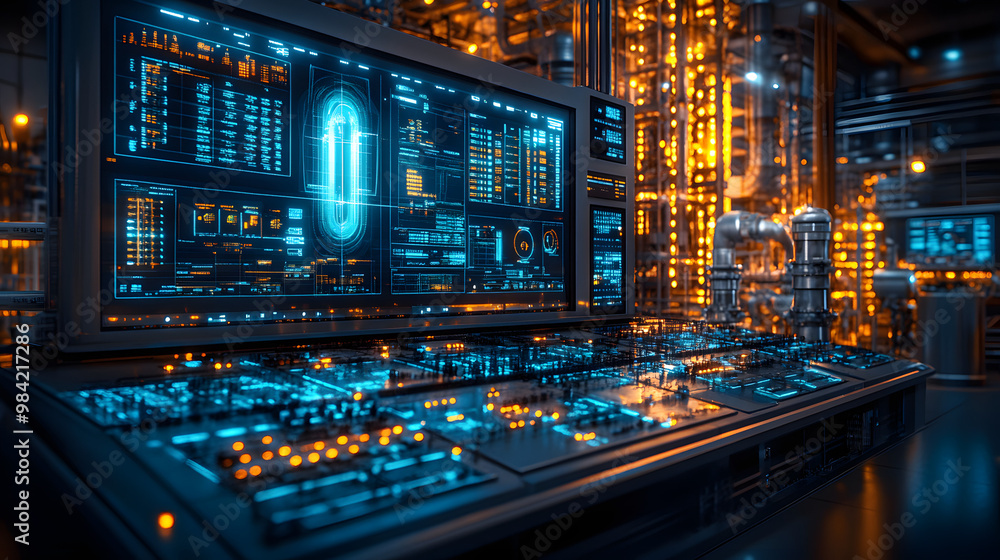 Poster futuristic control room showcasing advanced technology with glowing interfaces and intricate machine