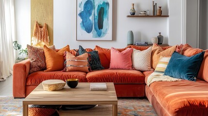 A colorful, eclectic living room with a rust-orange velvet sectional sofa and a mix of pillows