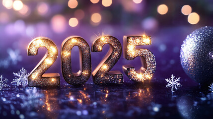 Festive illustration for the new year 2025 with golden number 2025 on a dark purple background with snowflakes and golden bokeh