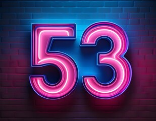 3d neon light number 53 glowing in the dark, pink blue neon light	