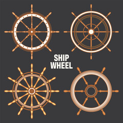 Wooden vintage steering wheels. Ship, sailboat or yacht retro wheel symbol. Brown nautical rudder icon. Marine logotype design element. Vector illustration © 32 pixels