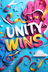Naklejka premium Unity wins text design with colorful ribbons and confetti on vibrant blue background