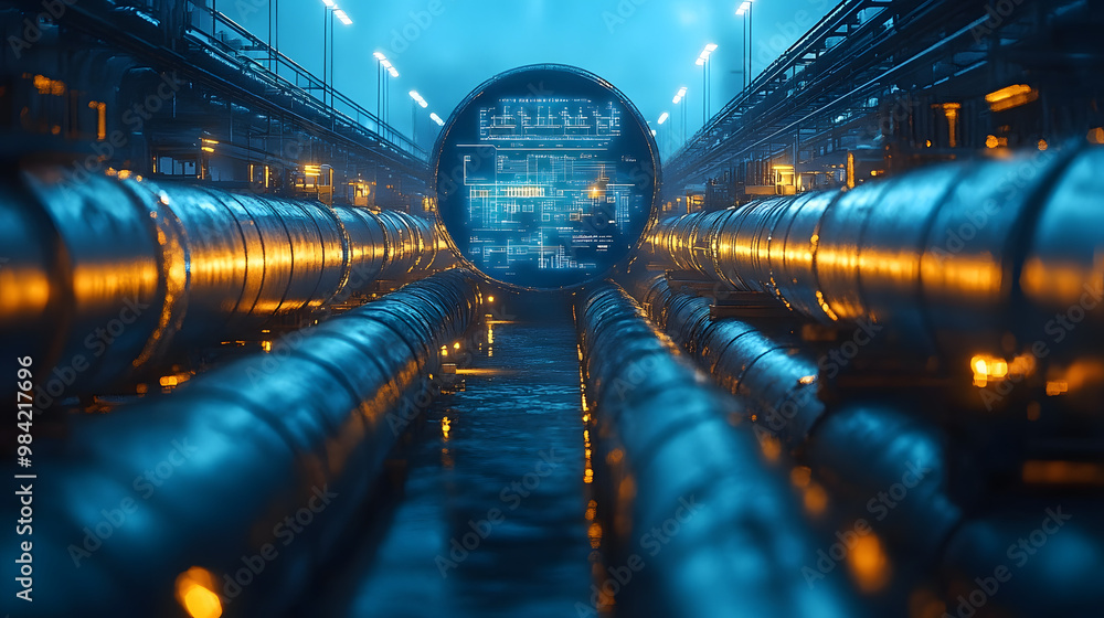 Poster futuristic industrial scene showcasing pipes with glowing elements and a digital interface. ideal fo