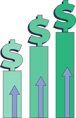 A bar graph with ascending bars, each marked with a dollar sign, symbolizing financial growth.