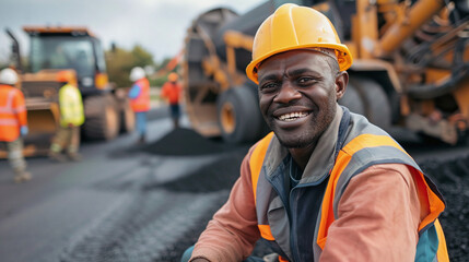 A male road worker is relaxing on his lunch break against the background of road equipment laying asphalt