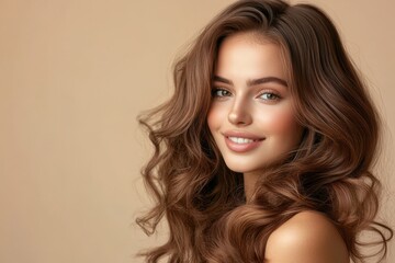 Naklejka premium A confident woman with voluminous, flowing curls smiles softly at the camera