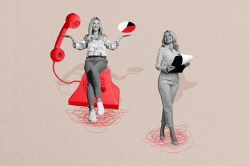 Creative drawing collage picture of two mature female working process data analysis weird freak...