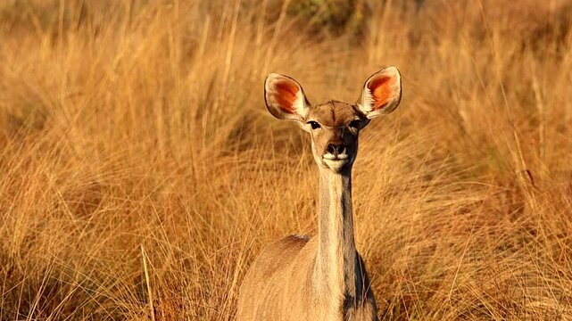 Regal alert kudu cow stands in tall dry grass at sunset, telephoto portrait