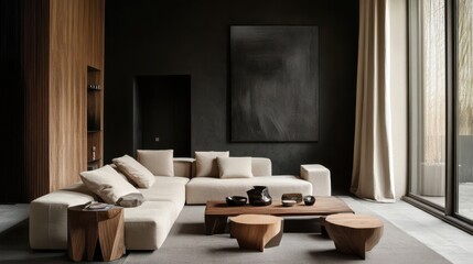 A contemporary living room with a dark charcoal accent wall, soft beige seating, and geometric