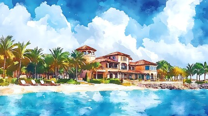 Obraz premium Watercolor painting of a tropical villa with palm trees and a beach.