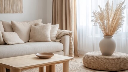 A cozy and serene living room with a beige sofa, soft cushions, and a light wooden coffee table