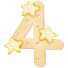 a number four 4 with stars and a smile isolated on transparent background