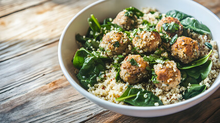 A white bowl filled with quinoa, spinach, and meatballs offers a healthy and delicious meal, showcasing a vibrant presentation of fresh ingredients
