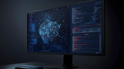 A monitor displaying advanced data visualization with a network of interconnected points and flowing code in a dark environment