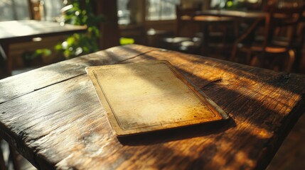A rustic menu resting on a wooden table, surrounded by natural light and cozy ambiance in a warm cafe setting.