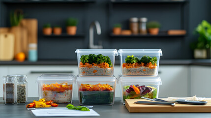 Healthy meal prep containers filled with colorful vegetables and grains arranged neatly on a kitchen counter in a modern setting